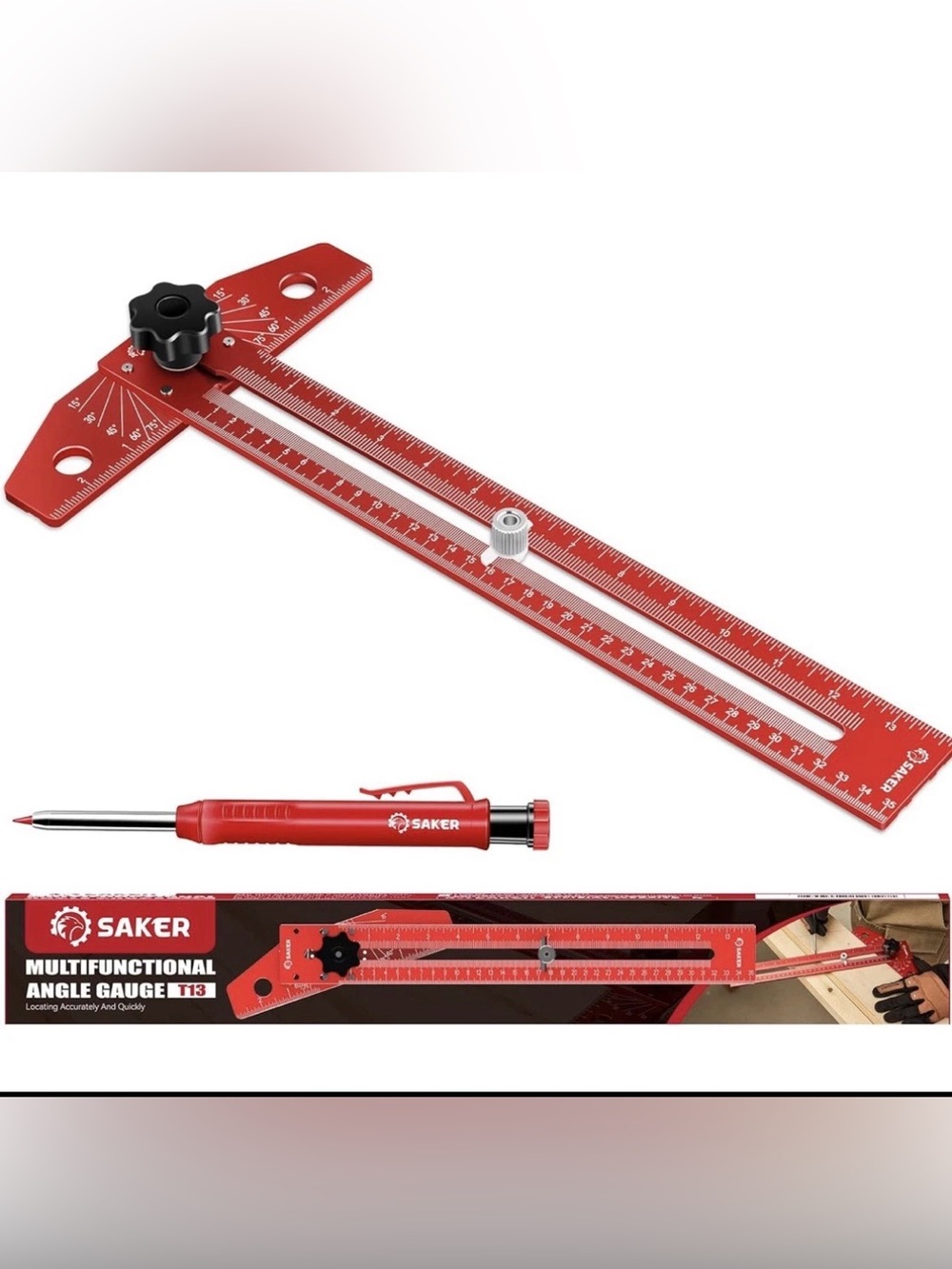 Saker Adjustable Aluminum T-Square Ruler & Angle Protractor – Red